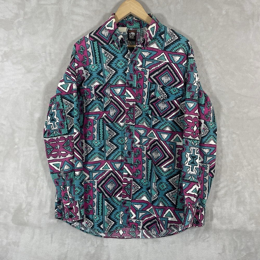 Vtg Karman Shirt Mens Large Button Down Western Aztec Brushpopper Cowboy 90s